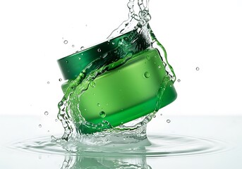 Refreshing green cosmetic jar splashing in pure water with dynamic droplets and ripples.