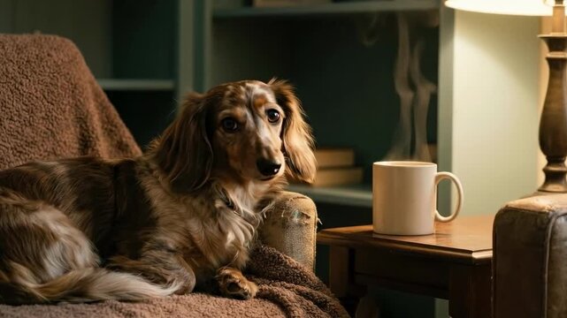 full grown mini dachshund. A cozy living room scene featuring a brown dachshund resting on a blanket-covered armchair, with a steaming cup on a side table beside it