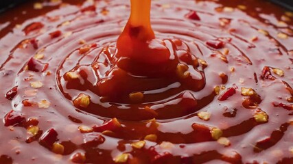 Close up of vibrant red sauce poured creating texture and visual appeal