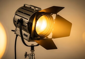 Detailed close-up of a vintage studio spotlight emitting warm light against a soft background
