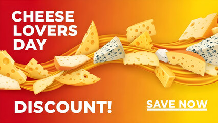 Cheese lovers day discount promotion with assorted cheese slices on a vibrant red and yellow gradient background