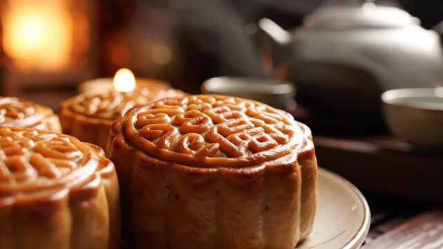 Close up of traditional pastries and tea set on a wooden table