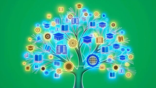 Abstract glowing tree of knowledge with educational icons representing learning and growth on a green background