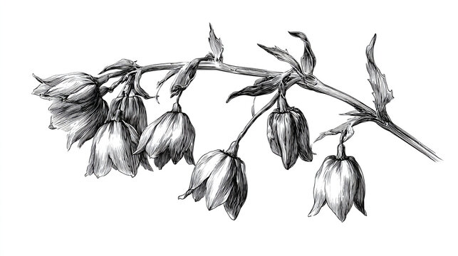 Vintage Botanical Ink Drawing of Hanging Bell Flowers and Leaves