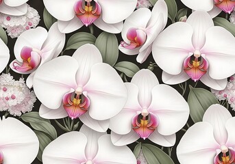 Beautiful white moth orchids create a seamless floral pattern against a dark background