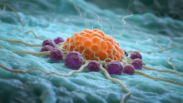 Cellular structure with orange and purple cells