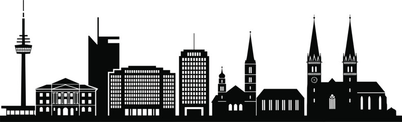 Obraz premium City skyline silhouette with skyscrapers and historic buildings, urban cityscape panorama featuring towers and cathedrals, architectural horizontal vector illustration isolated on white background