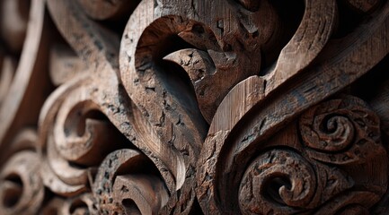 Close up of intricately carved wood textured details natural patterns
