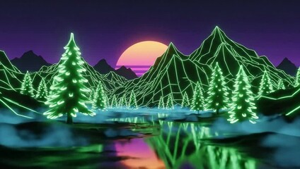 Retro 80s synthwave landscape with glowing neon trees and mountains reflecting in water at sunset. - Powered by Adobe