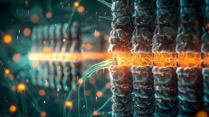 Glowing 3D illustration of a cell membrane highlighting lipid bilayer and protein structures.