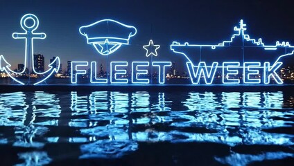 Fleet Week Neon Signage Illuminated at Night on Water.