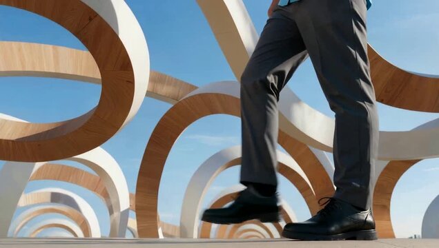 Abstract curved wooden and white structures