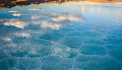 Stunning hexagonal salt formations in the Dead Sea with sky reflections.