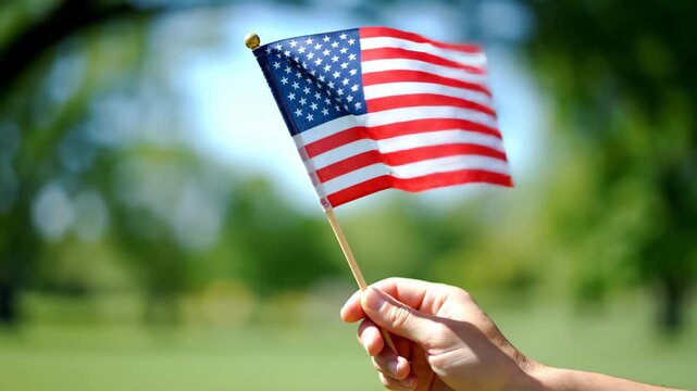 Hand holding small American flag in a sunny outdoor setting