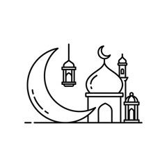Islamic crescent moon, mosque, and lanterns icon. Ramadan, Eid, Muslim holiday symbol.