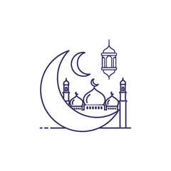 Obraz premium Islamic crescent moon, mosque, lantern, and star icon. Ramadan and Eid celebration graphic.