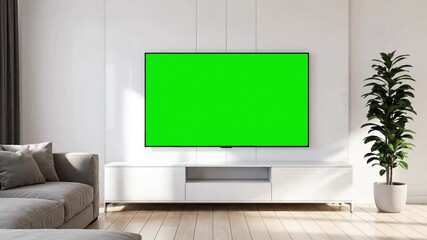 Modern living room with green screen TV on white entertainment center