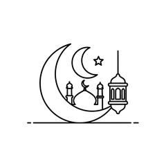 Obraz premium Islamic Crescent Moon, Mosque, Star, and Lantern Line Art Icon for Ramadan and Eid Celebration