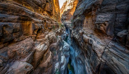 Stunning Slot Canyon with Flowing Water and Vibrant Rock Formations.