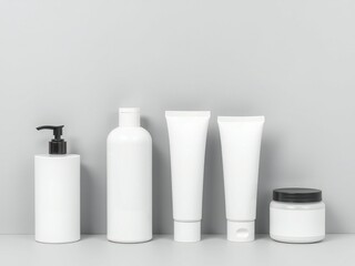 Collection of white cosmetic bottles and tubes on a gray background