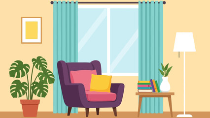 Fototapeta premium Cozy Living Room Scene Featuring a Comfortable Armchair, Lush Potted Plant, and a Side Table with Books and a Lamp