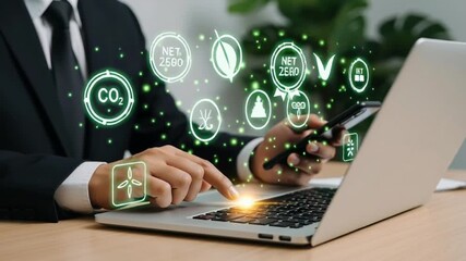 A professional interacts with a laptop and smartphone displaying green technology icons in a modern office environment from a close-up viewpoint - Powered by Adobe