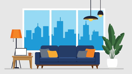 Naklejka premium Cozy modern living room with large windows showcasing a cityscape view and lush indoor plants, creating a serene urban sanctuary