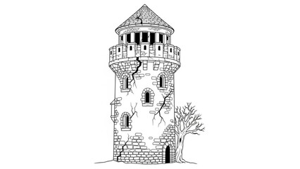 Obraz premium A detailed black and white illustration of a medieval stone tower with a conical roof and small windows surrounded by a leafless tree
