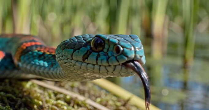 Colorful snake with vibrant scales resting on moss near water surrounded by tall grass