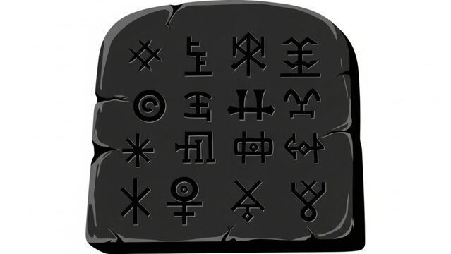 Ancient black stone tablet with mysterious symbols and markings on its surface