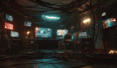 Dark room filled with computer screens and tangled wires data analysis concept