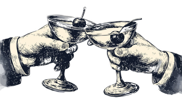 Zwei H&auml;nde sto&szlig;en mit Cocktails an, illustriert im Vintage-Stil mit Kirschen garniert.