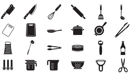 Obraz premium Kitchen Utensils and Tools Set in Simple Black Silhouette on White Background for Graphic Design