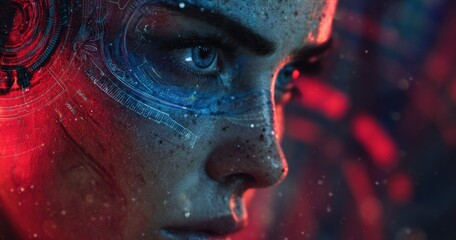 Futuristic portrait of a person with glowing features and digital overlay