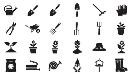 Obraz premium Gardening Tools Icons Set in Simple Black Silhouette Style on White Background for Web Design