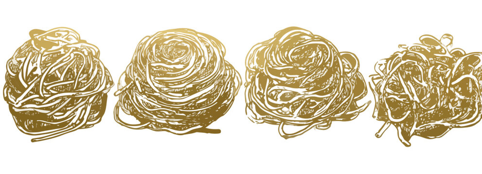 Vier goldene Nester aus Spaghetti oder Nudeln, isoliert auf wei&szlig;em Hintergrund f&uuml;r einfache Bearbeitung
