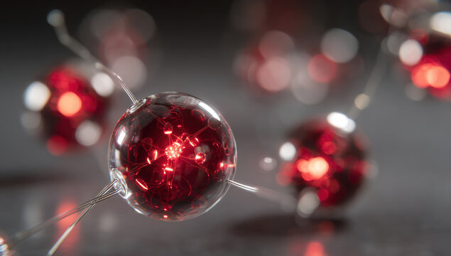 A string of red glass orbs with sparkling interiors hanging from thin wires.