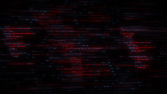 Red glowing programming code on dark computer screen, abstract digital technology and cyber security concept