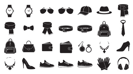 Fashion Accessories Icons Set in Modern Minimalist Style with Black Silhouettes on White Background for Web Design