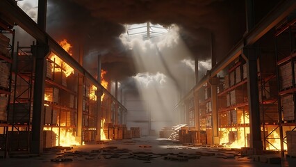 Futuristic industrial complex engulfed in flames, with smoke and light rays piercing through the darkened sky, illustrating a photorealistic metaphorical scene of destruction and chaos