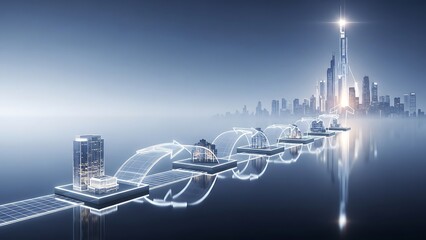 Futuristic cityscape with sleek skyscrapers and illuminated futuristic structures on a foggy, reflective surface