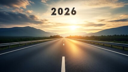 Cinematic Highway Scene Welcoming New Year 2026 with a Breathtaking Landscape View
