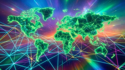 A vibrant green world map displayed on a colorful network grid background with neon connections and radiant lights