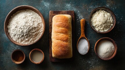 Freshly baked bread with flour and baking ingredients on rustic table