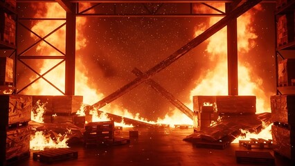 Industrial warehouse engulfed in massive fire with burning crates and debris under a collapsing metal structure