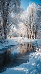 Scenic Winter River Flowing Through Snow Dusted Forest Under Clear Blue Sky