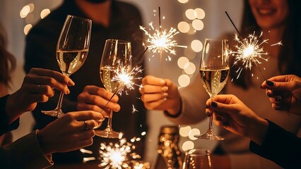 Celebrating New Year 2026 with Sparkling Champagne and Sparklers in a Joyful Gathering