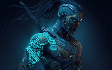 Futuristic warrior with glowing armor and cybernetic enhancements illustration