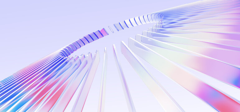 Radial glass circle lines pattern in perspective. Rainbow crystal stripe rays. Geometric circular array effect with holographic light gradient. Abstract ring on purple 3d background. 3D illustration