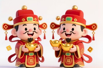 Fototapeta premium Cute Chibi God of Wealth 3D Illustration for Asian Lunar New Year, pure white background